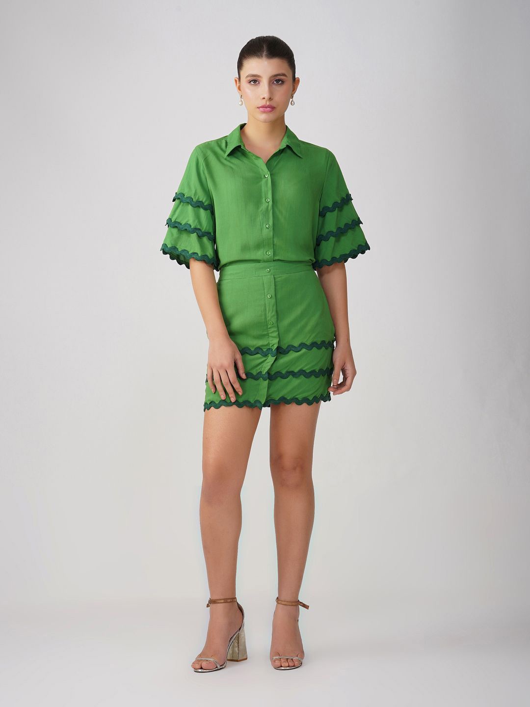 

HERE&NOW Lace Detail Shirt With Skirt Co-Ords, Green