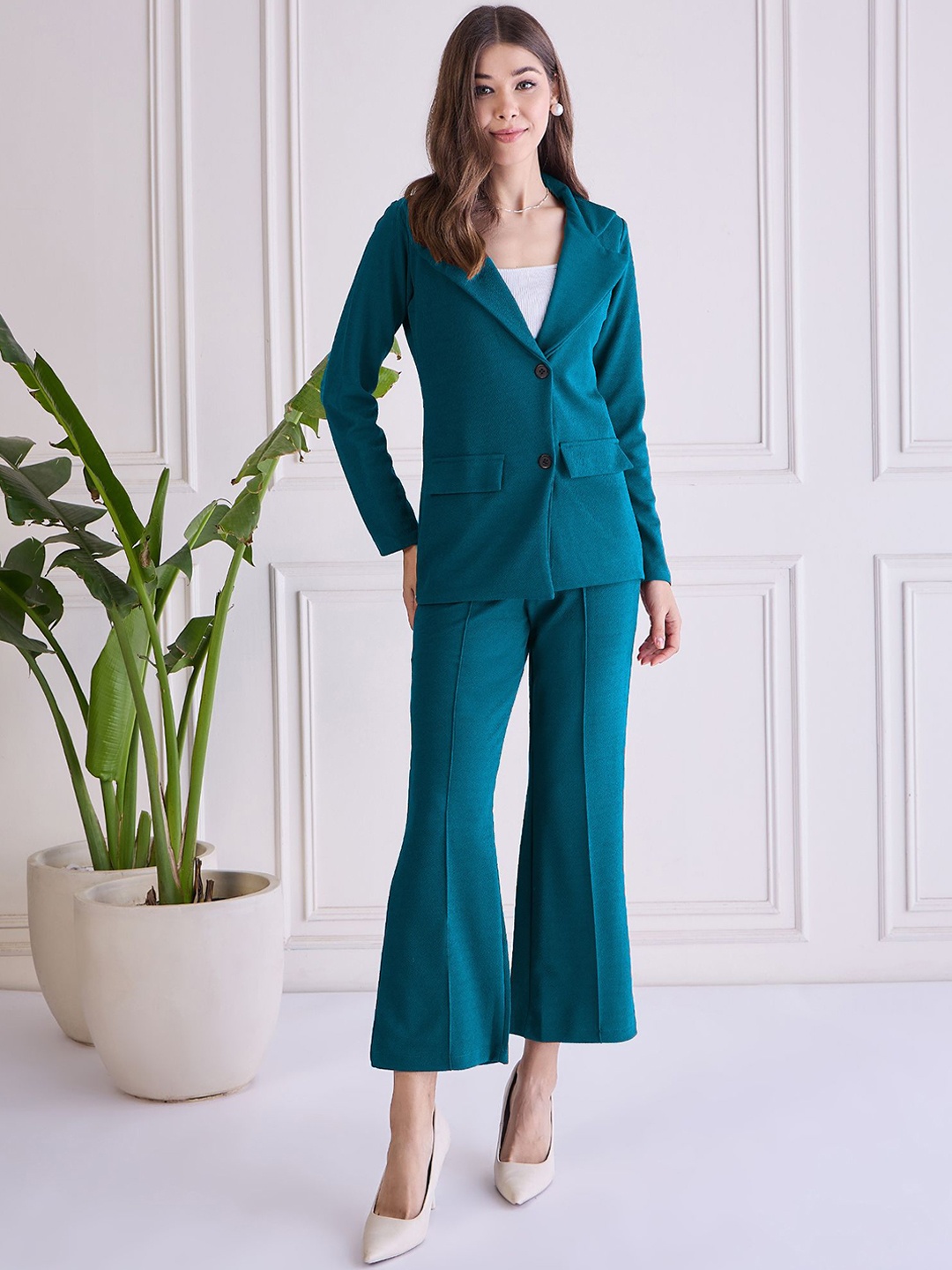 

Chemistry Lapel Collar Long Sleeves Blazer & Trouser Co-Ord Set, Teal