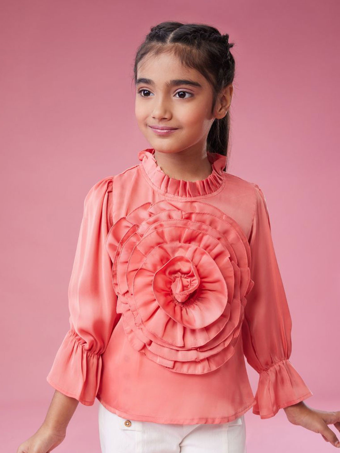 

MASTARANG Girls Oversized Flower With Elastic Detail Top, Peach