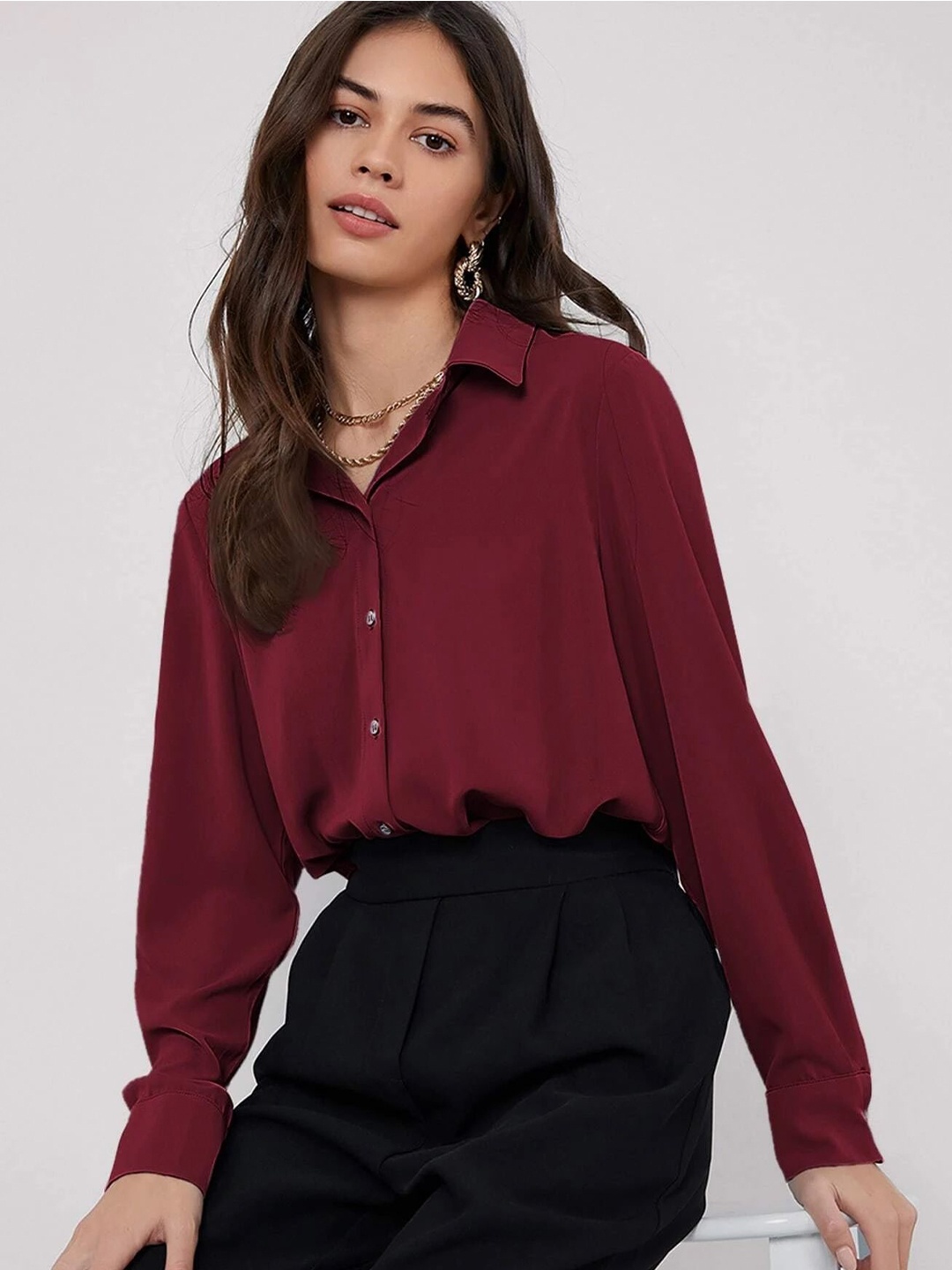 

FNOCKS Women Classic Fit Spread Collar Solid Cotton Formal Shirt, Maroon