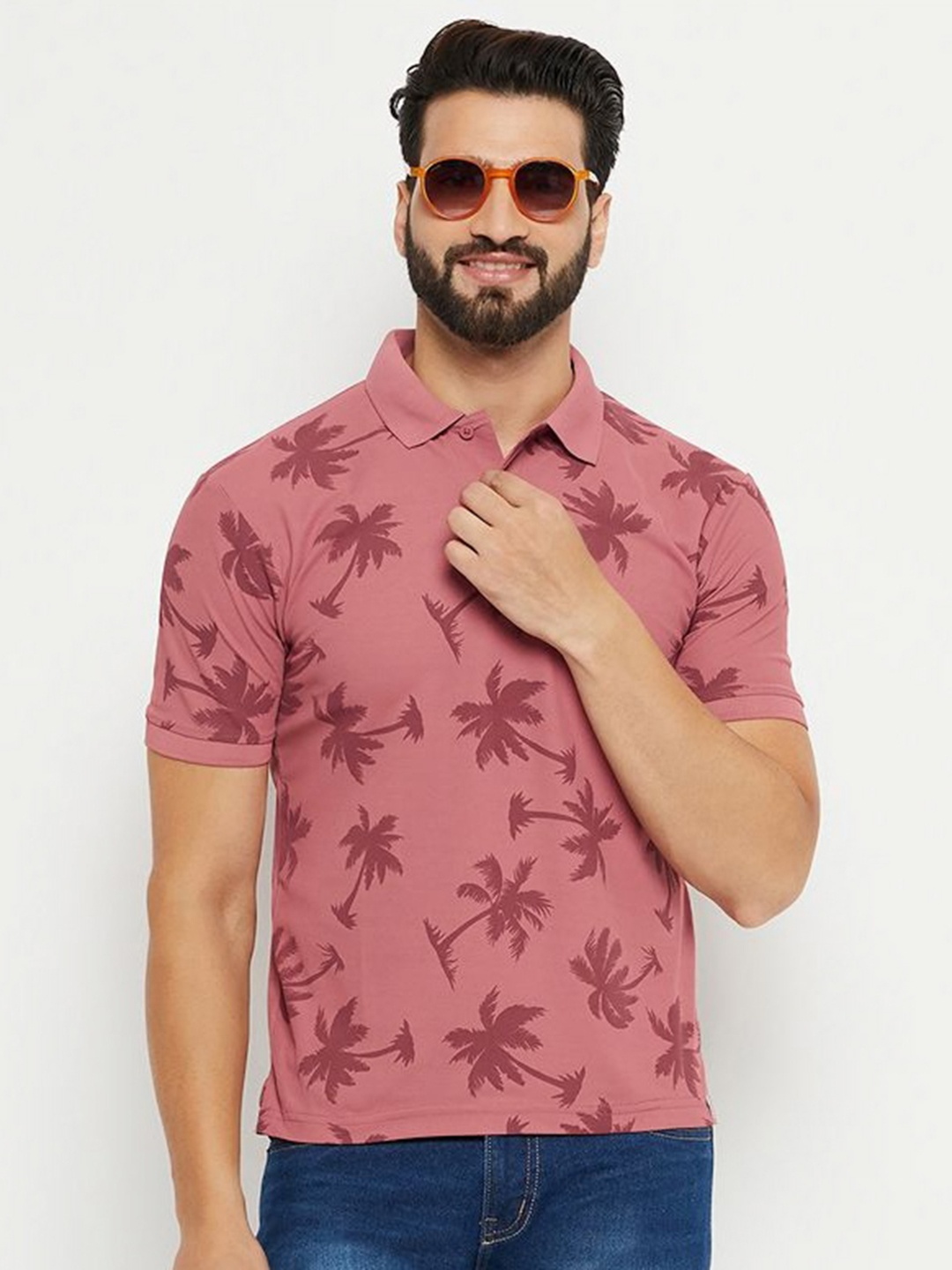 

RENUOVO Men Floral Printed Polo Collar Cotton T-shirt, Coral
