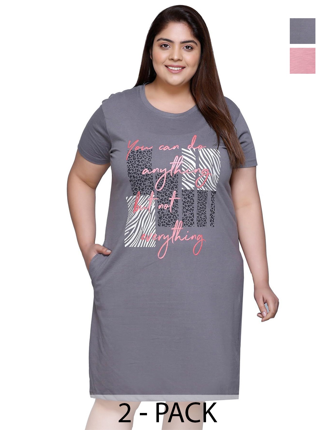 

IN Love Pack of 2 Women Plus Size Cotton T-shirt Nightdress, Pink