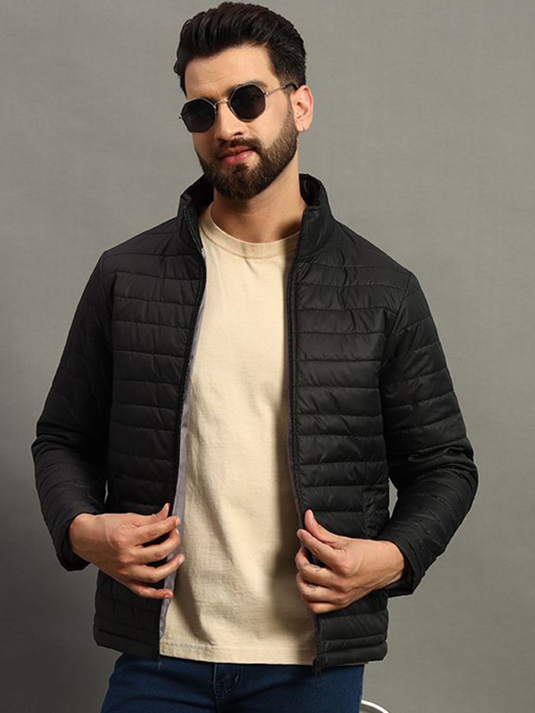 

RENUOVO Men Solid Mock Collar Long Sleeves Padded Jacket, Black
