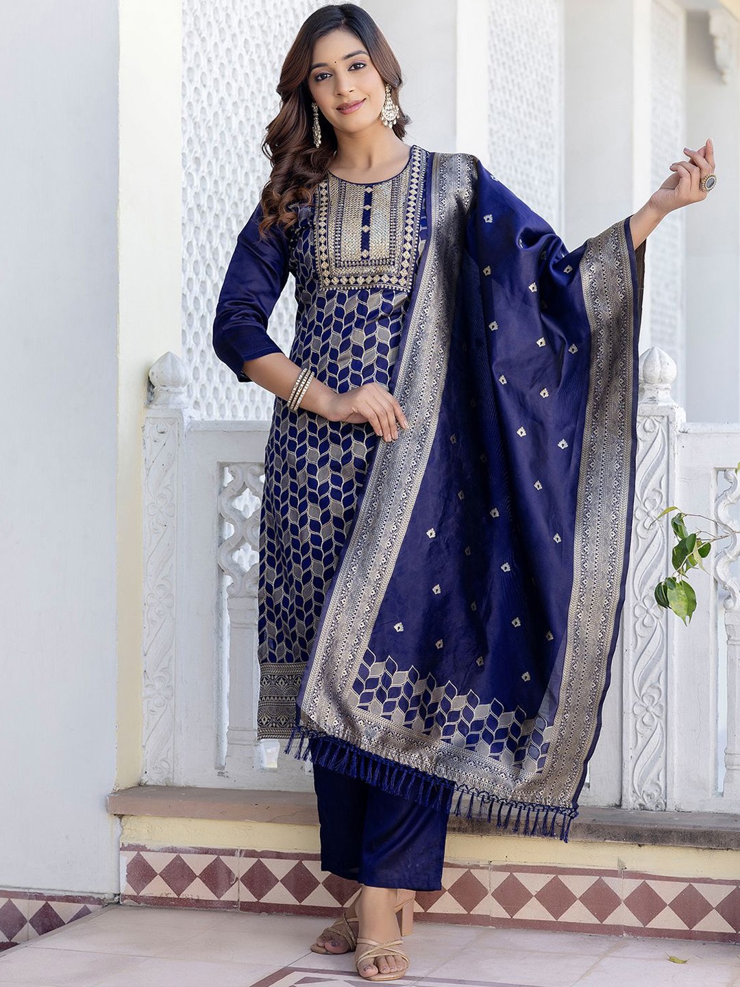 

KALINI Geometric Woven Design Sequinned Jacquard Straight Kurta with Trouser & Dupatta, Blue