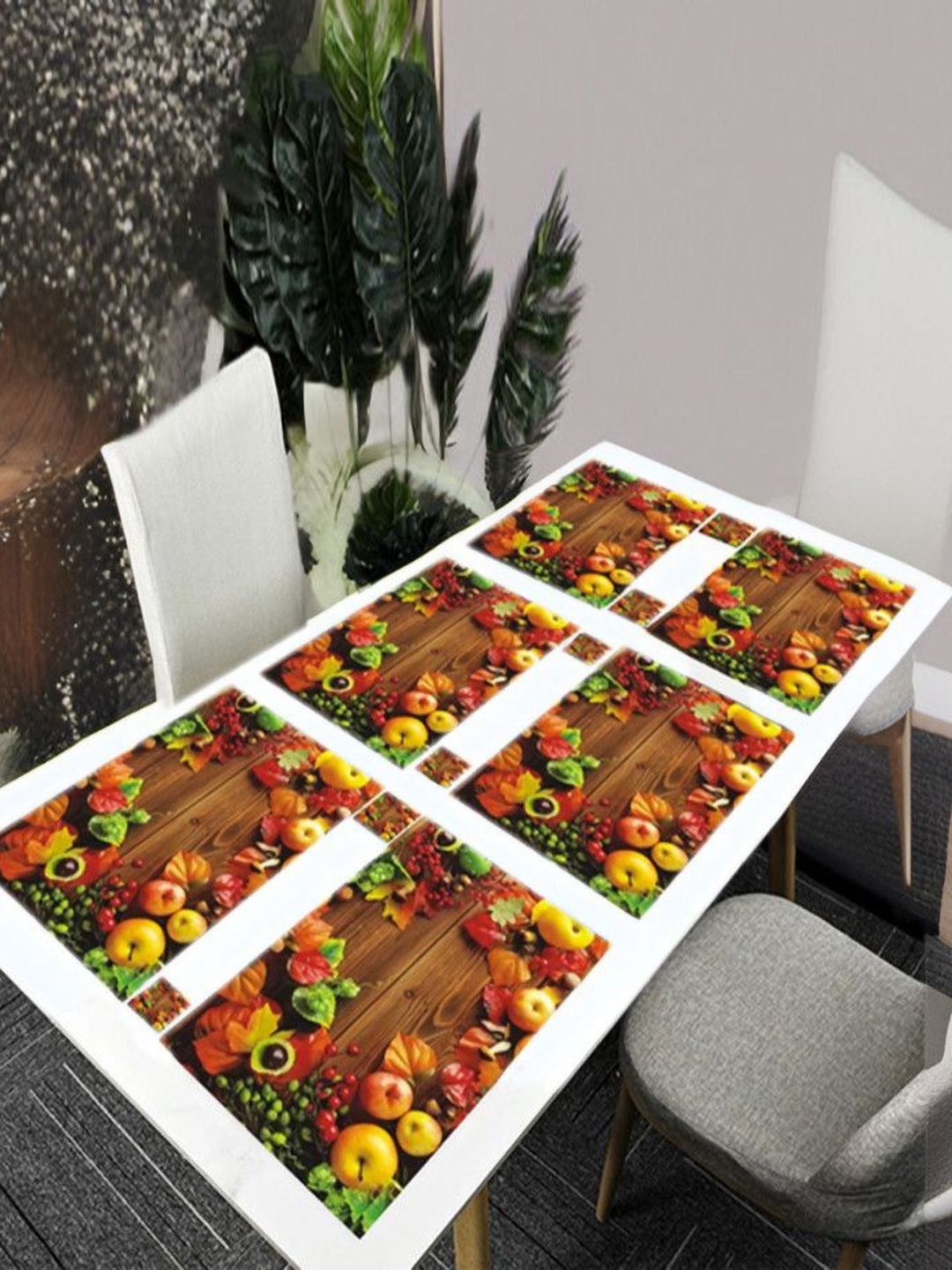 

REVEXO White & Brown 12 Pieces Printed Rectangle Table Placemats With Costers