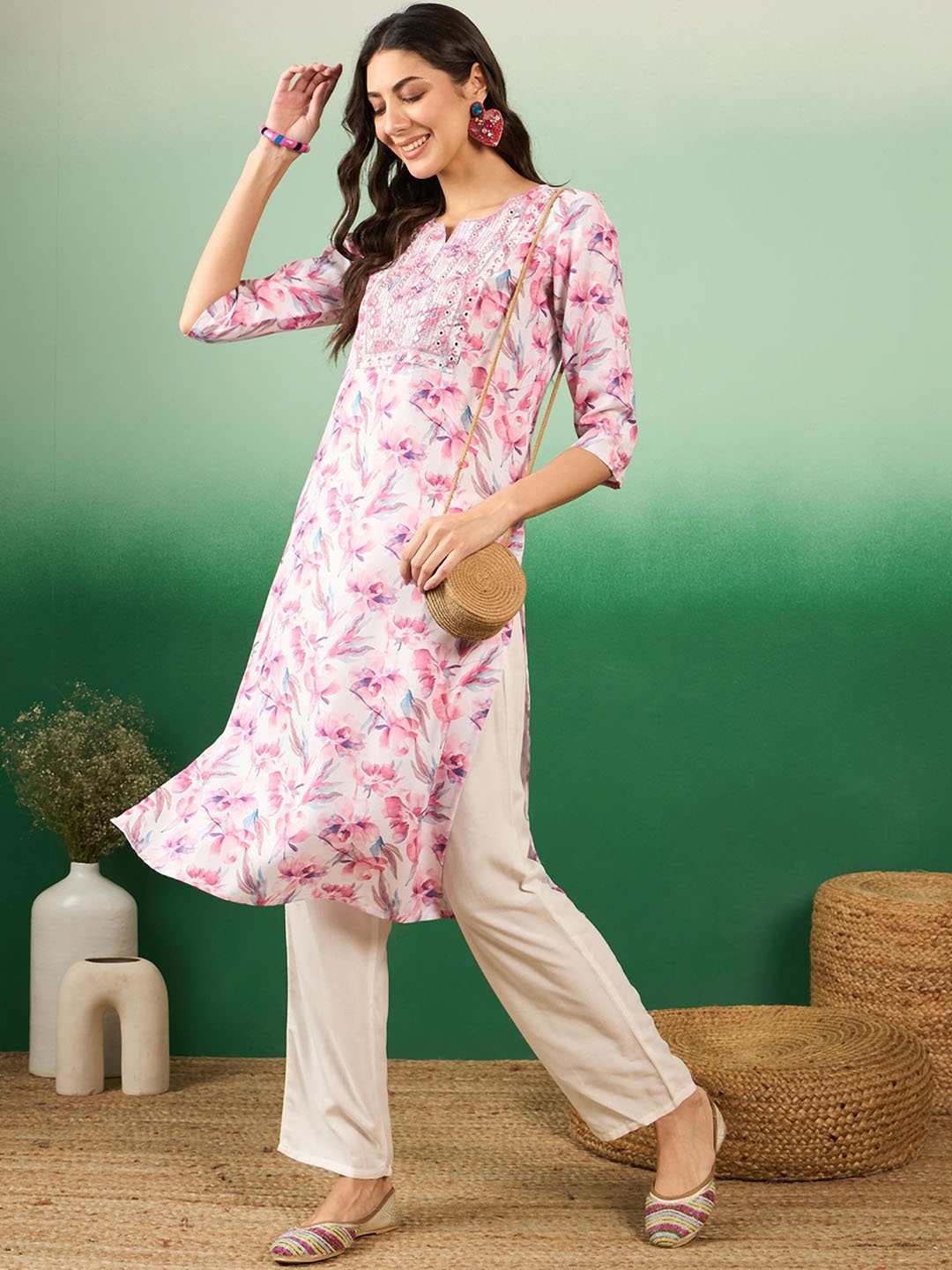 

Sangria Floral Printed with Yoke Mirror Work Cotton Straight Kurta, Pink