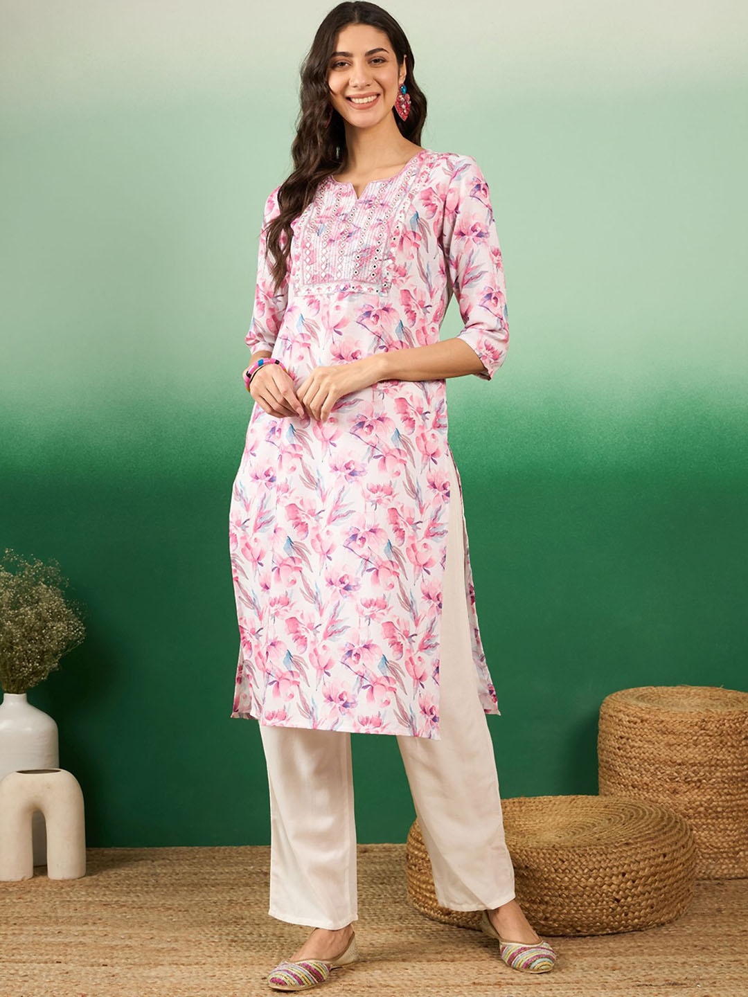 

Sangria Floral Printed with Yoke Mirror Work Cotton Straight Kurta, Pink