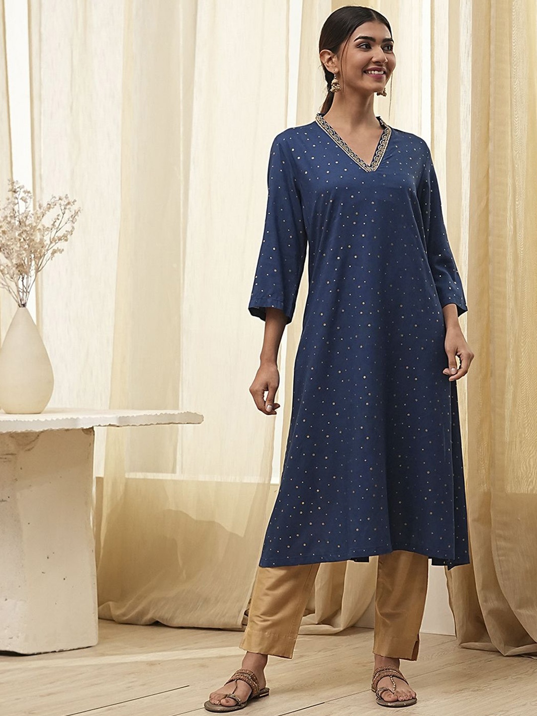 

Biba Mirror Work Embroidered Mirror Work A- Line Kurta, Blue