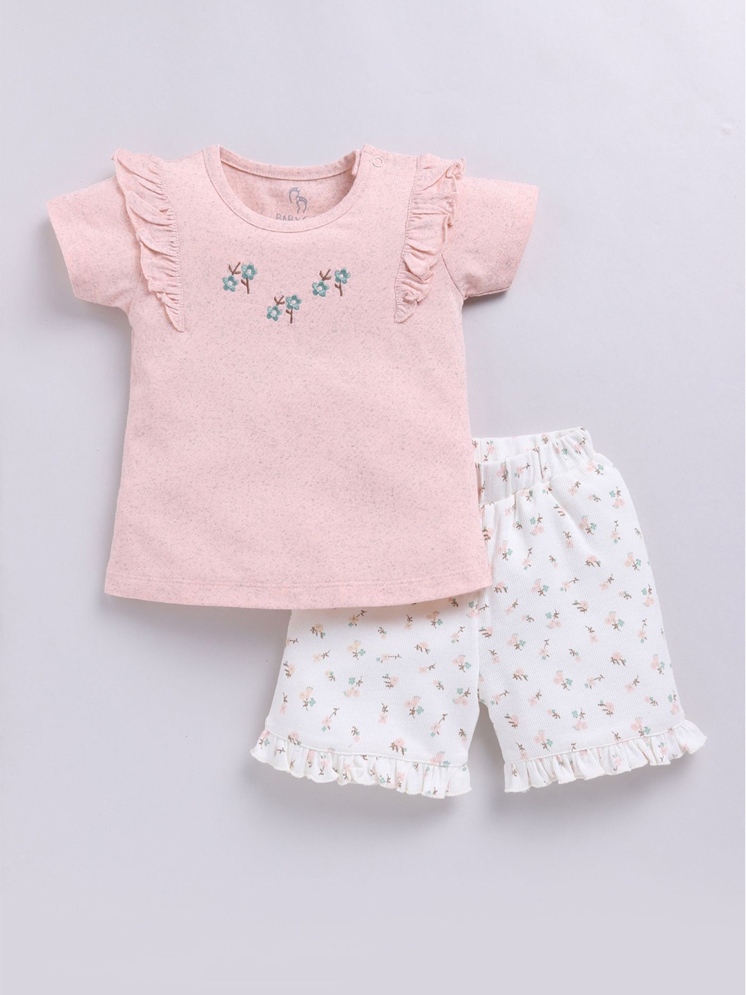 

BABY GO Girls Embroidered Round Neck T-Shirt With Shorts, Peach