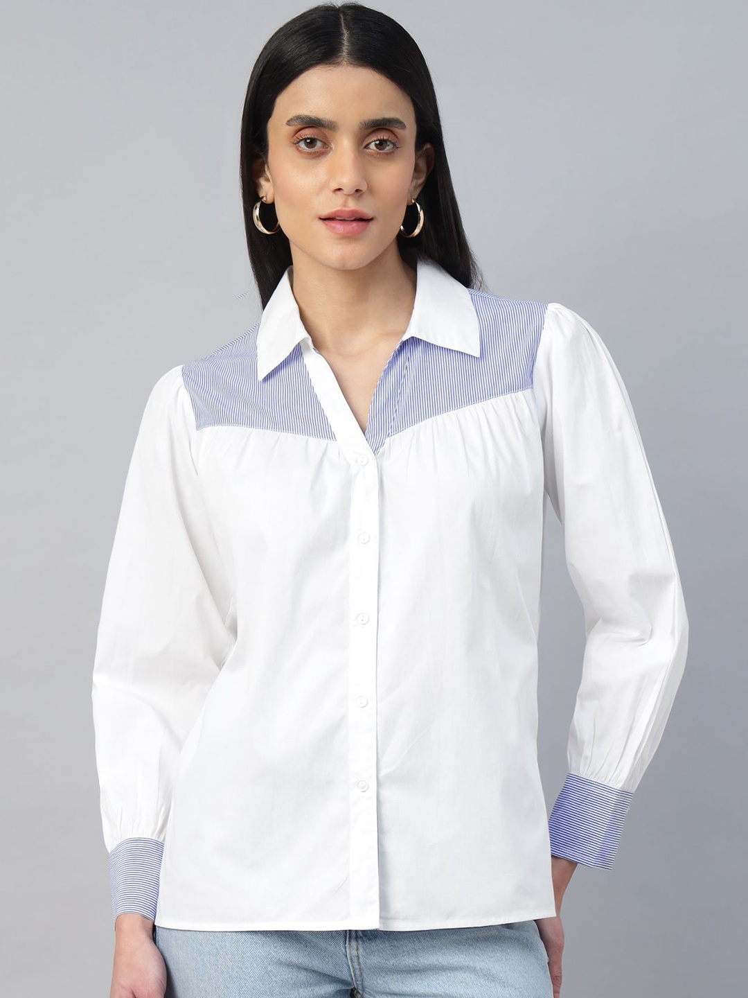 

Sands of India Women Classic Fit Spread Collar Vertical Striped Cotton Casual Shirt, White