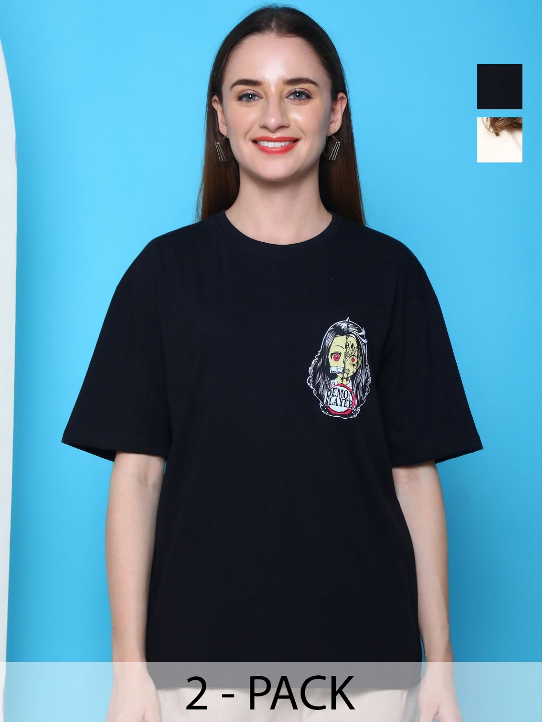 

Dreambe Women Pack of 2 Graphic Printed Round Neck Cotton Relaxed Fit T-shirts, Black