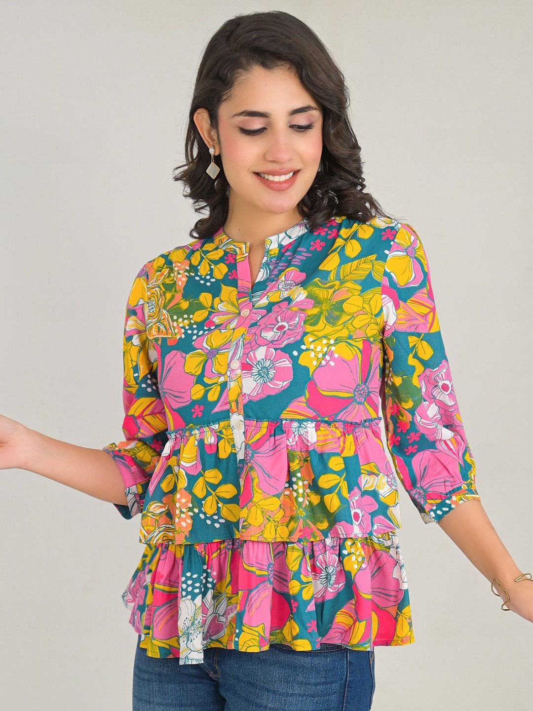 

Pahiya Women Floral Printed V-Neck Three-Quarter Sleeves Shirt Style Top, Pink