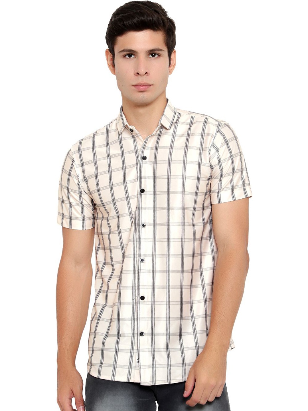 

iCome Men Spread Collar Checked Casual Shirt, White