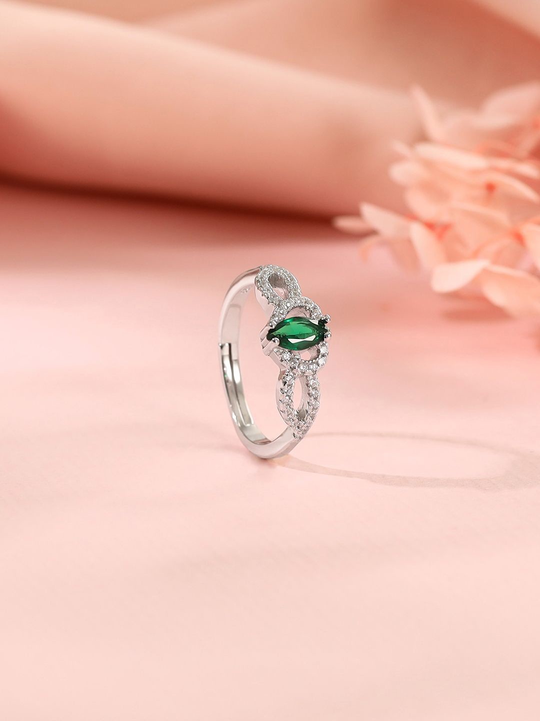 

GIVA 925 Silver Rhodium-Plated Cubic Zirconia Studded Green Spark Adjustable Finger Ring