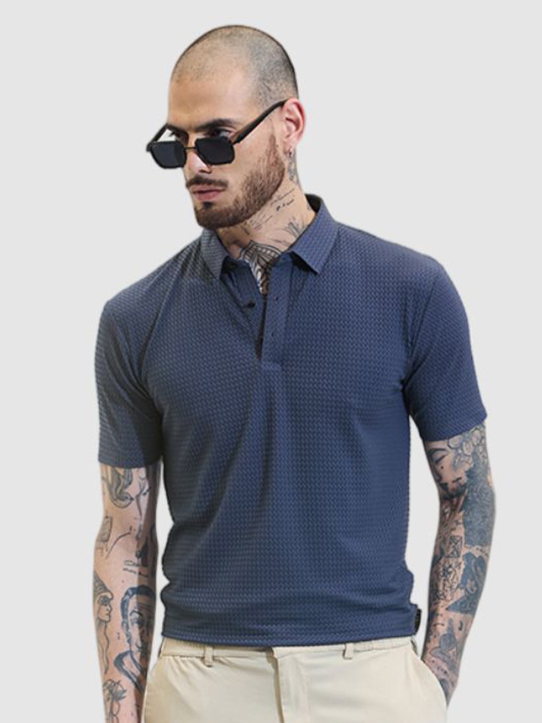 

Snitch Men Self Design Polo Collar Slim Fit T-shirt, Blue