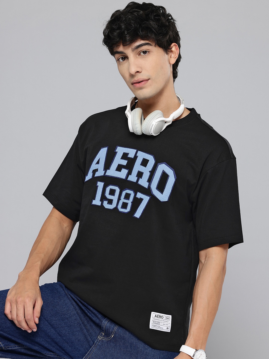 

Aeropostale Men Brand Logo Printed Drop-Shoulder Sleeves Pure Cotton T-shirt, Black