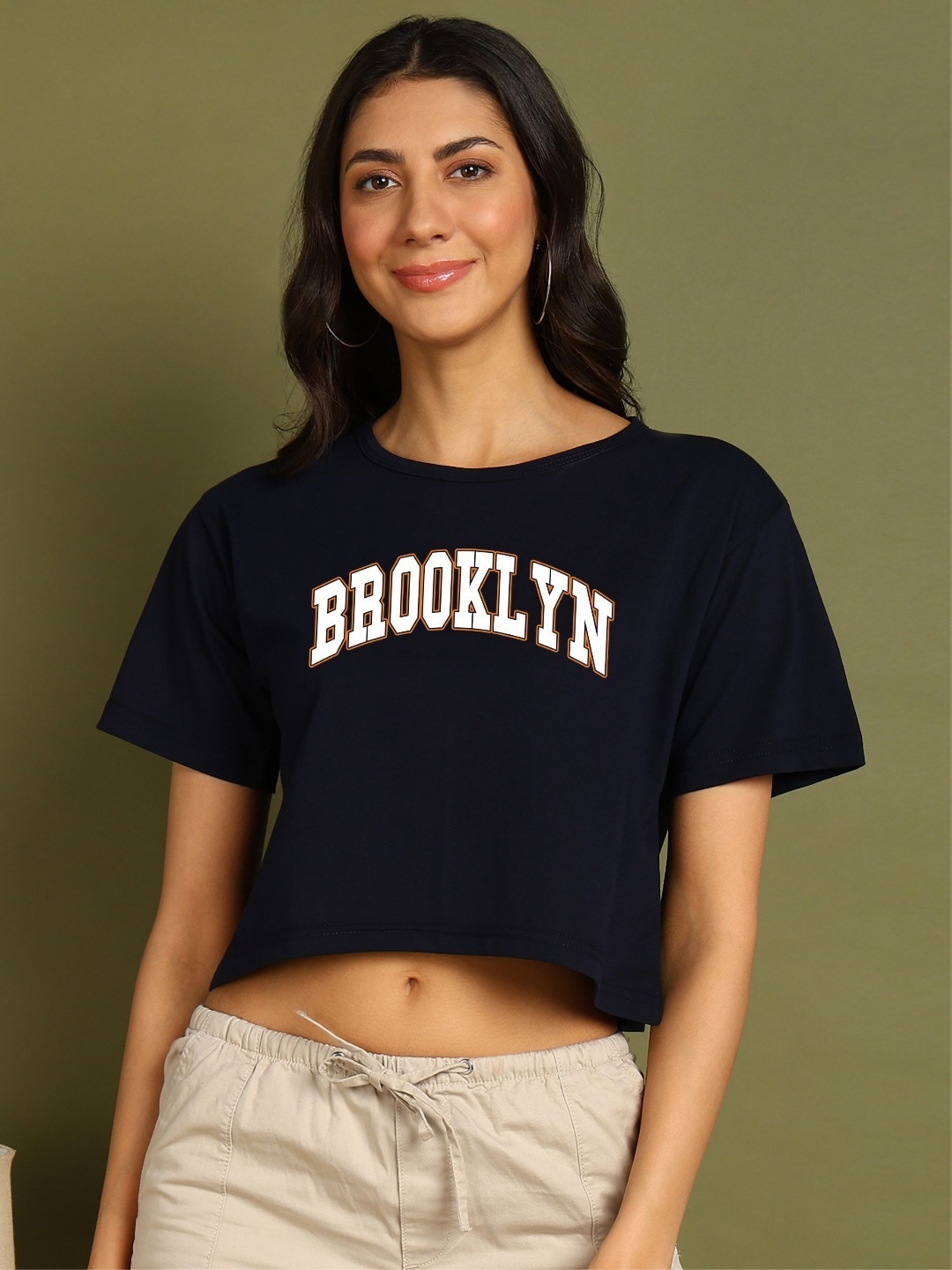 

CHOZI Women Printed Drop-Shoulder Sleeves Bio Finish Applique T-shirt, Navy blue