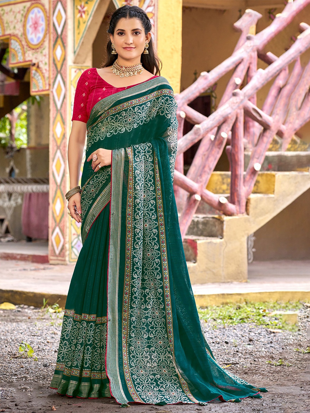 

NIRMAL CREATION Bagh Pure Georgette Saree, Teal