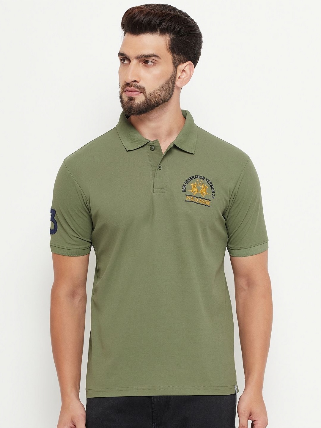 

RENUOVO Men Polo Collar Pockets T-shirt, Olive