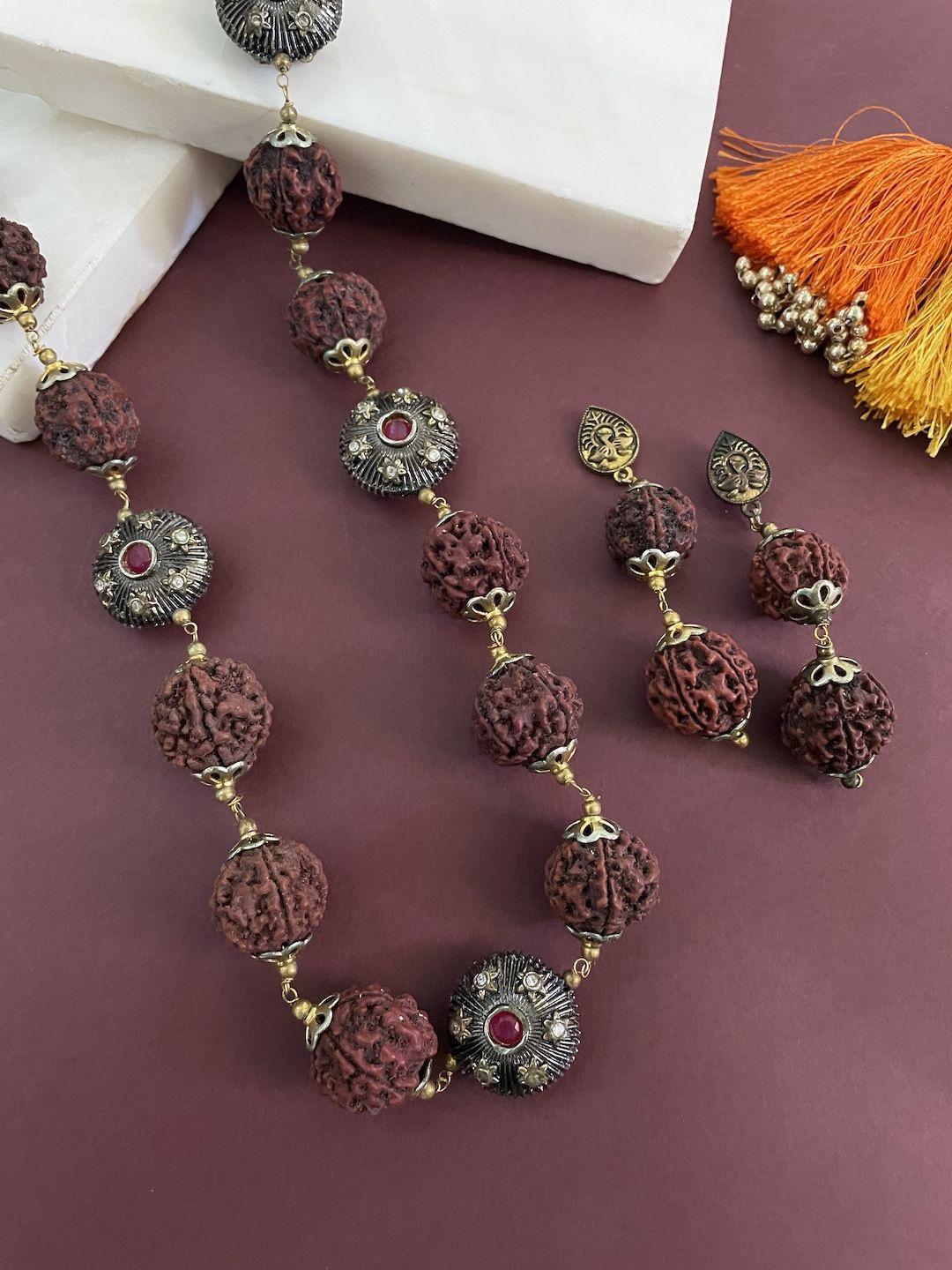 

Digital Dress Room Brass-Plated Artificial Beaded Floral Rudraksha Jewellery Set, Brown