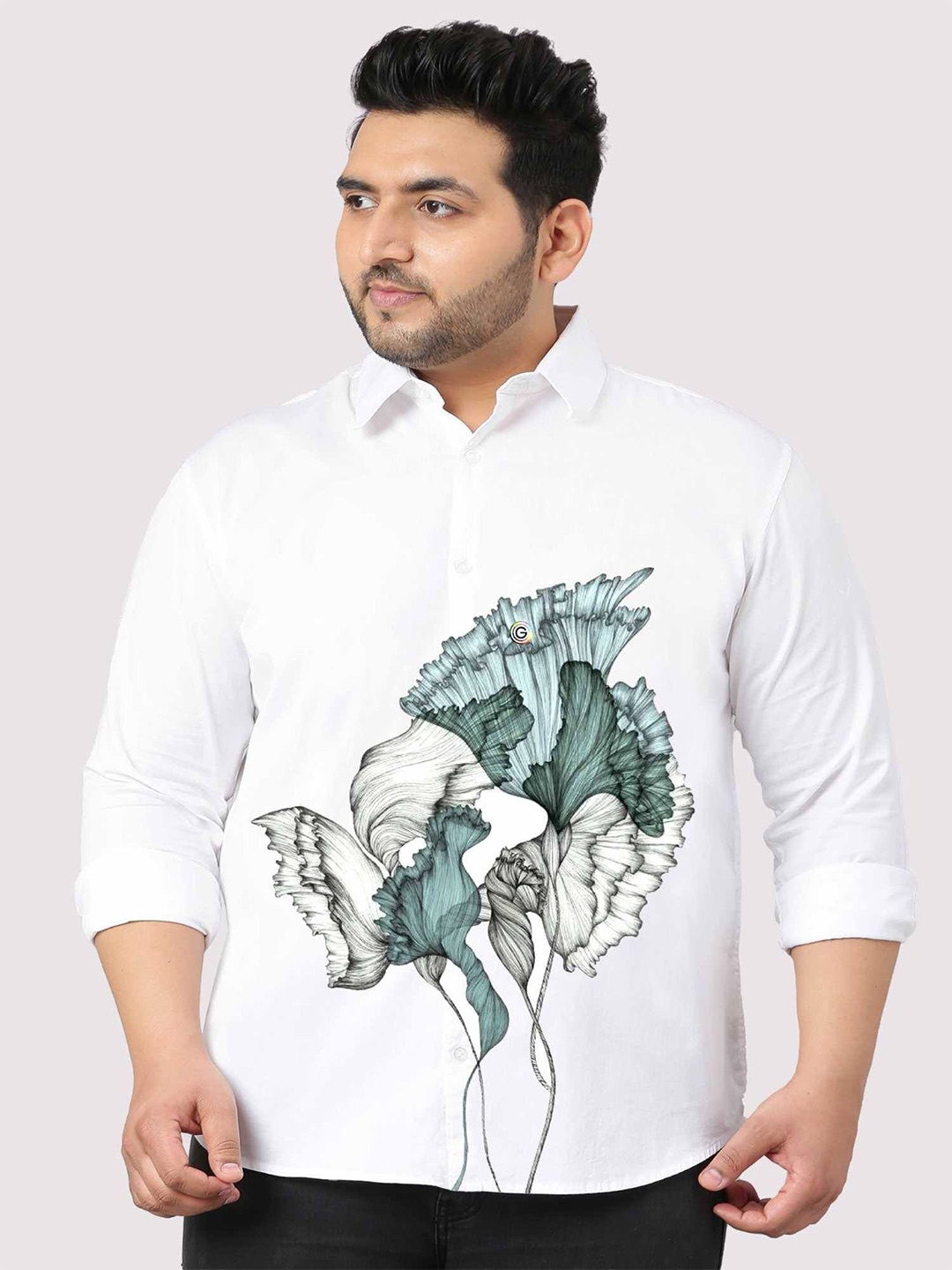 

Guniaa Men Plus Size Classic Fit Spread Collar Floral Printed Cotton Party Shirt, White