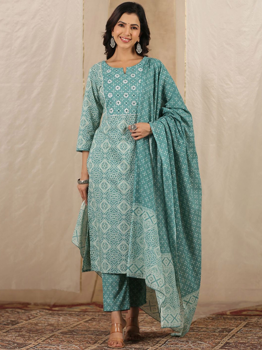 

Sangria Green Floral Printed Notch Neck Pure Cotton Straight Kurta With Trousers & Dupatta