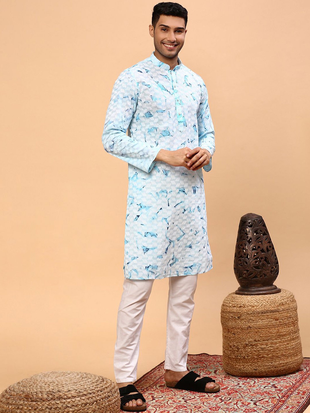 

CS EL Woven Design Mandarin Collar Cotton Jacquard Straight Kurta, Blue