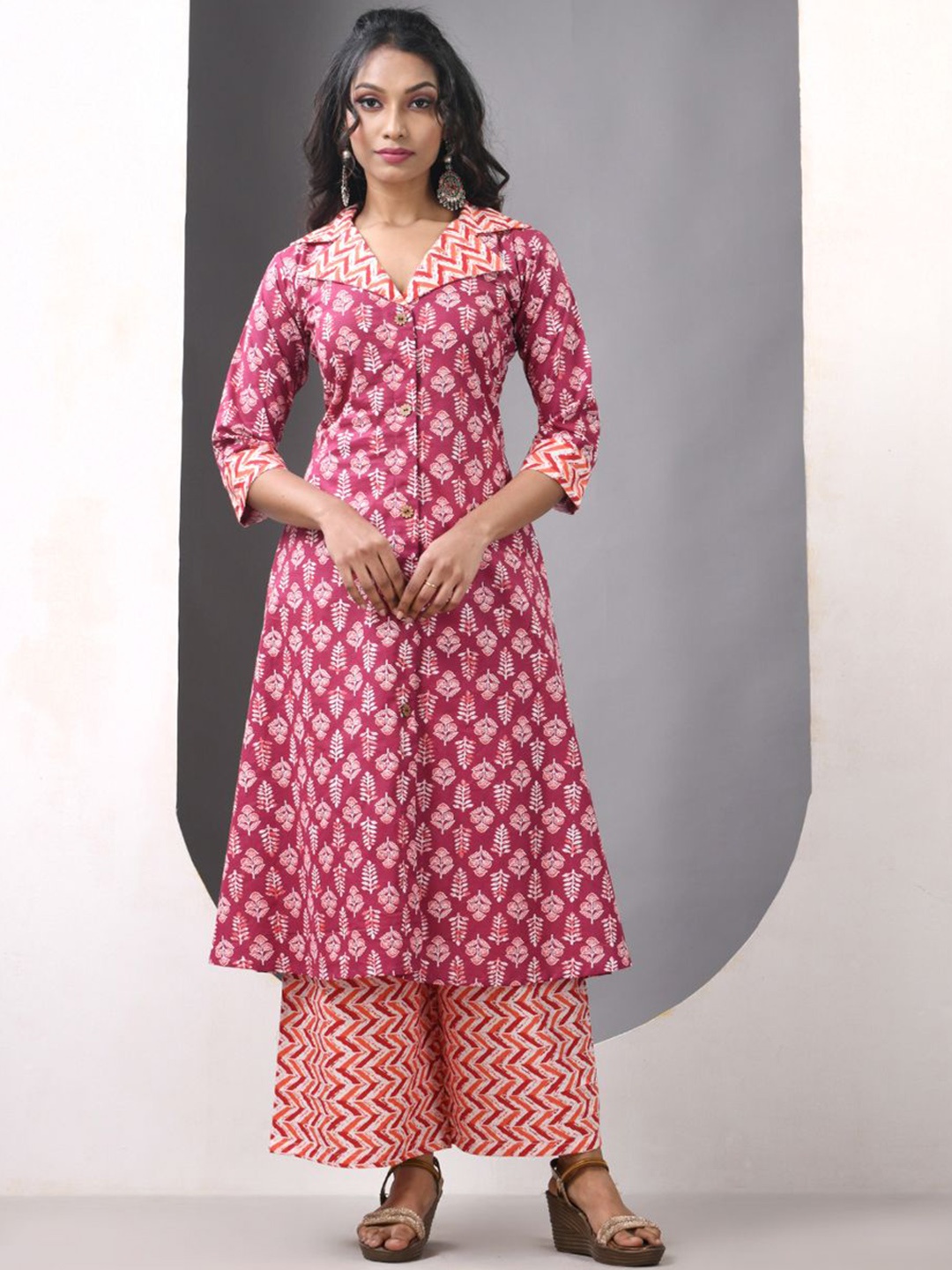 

Charukriti Floral Printed Shirt Collar Satin A-Line Kurta With Palazzos, Red