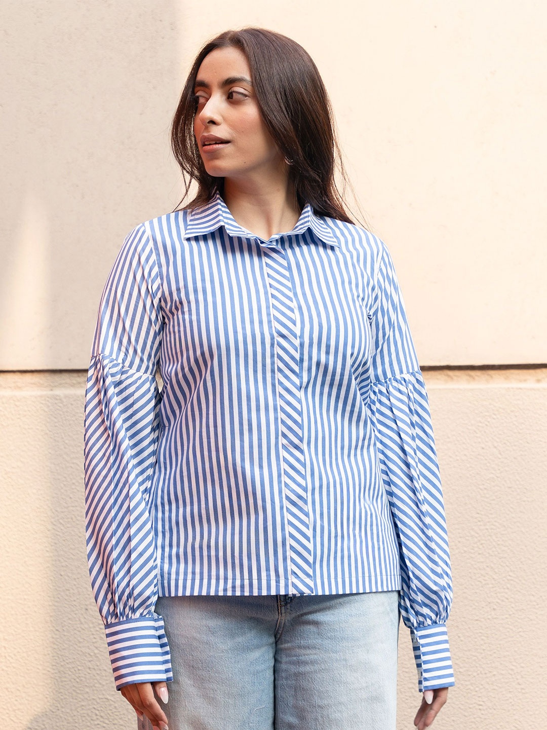 

GULABOSITABO Women Vertical Striped Shirt Collar Cotton Top, Blue