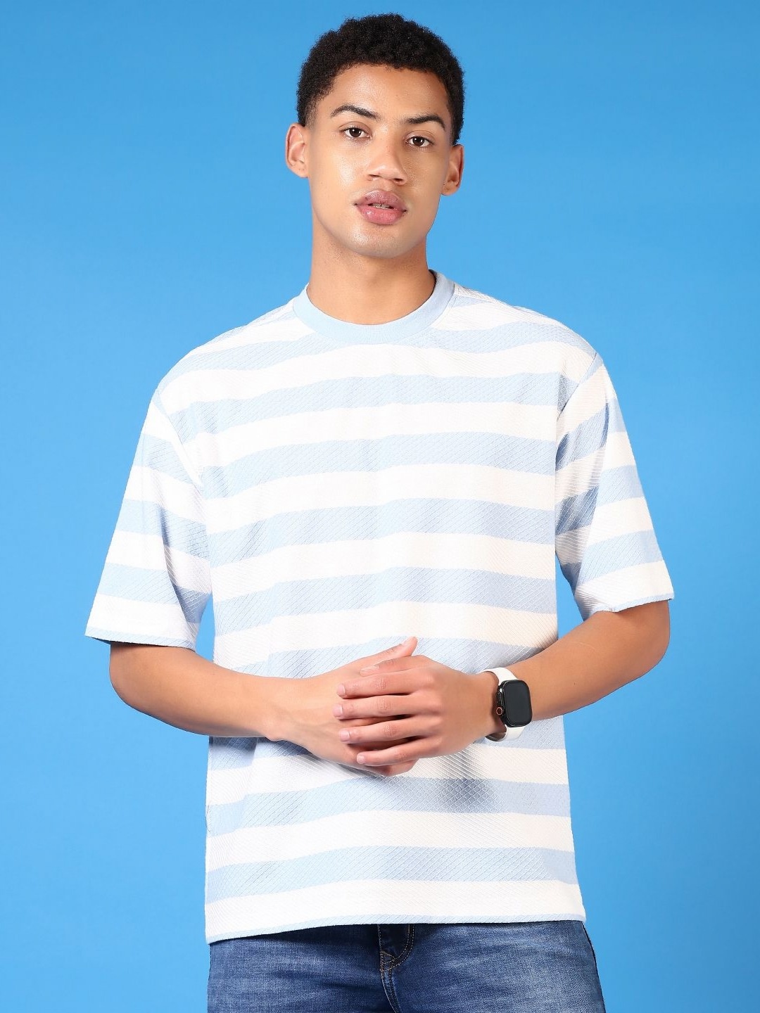 

V-Mart Men Striped Round Neck Cotton Relaxed Fit T-shirt, Blue