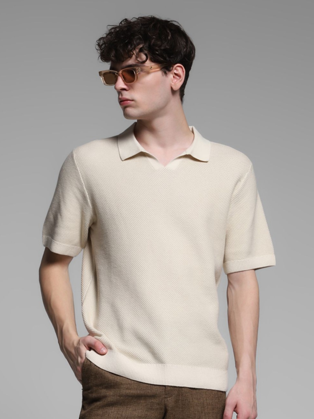 

Jack & Jones Men Self Design Polo Collar Cotton Oversized T-shirt, Beige