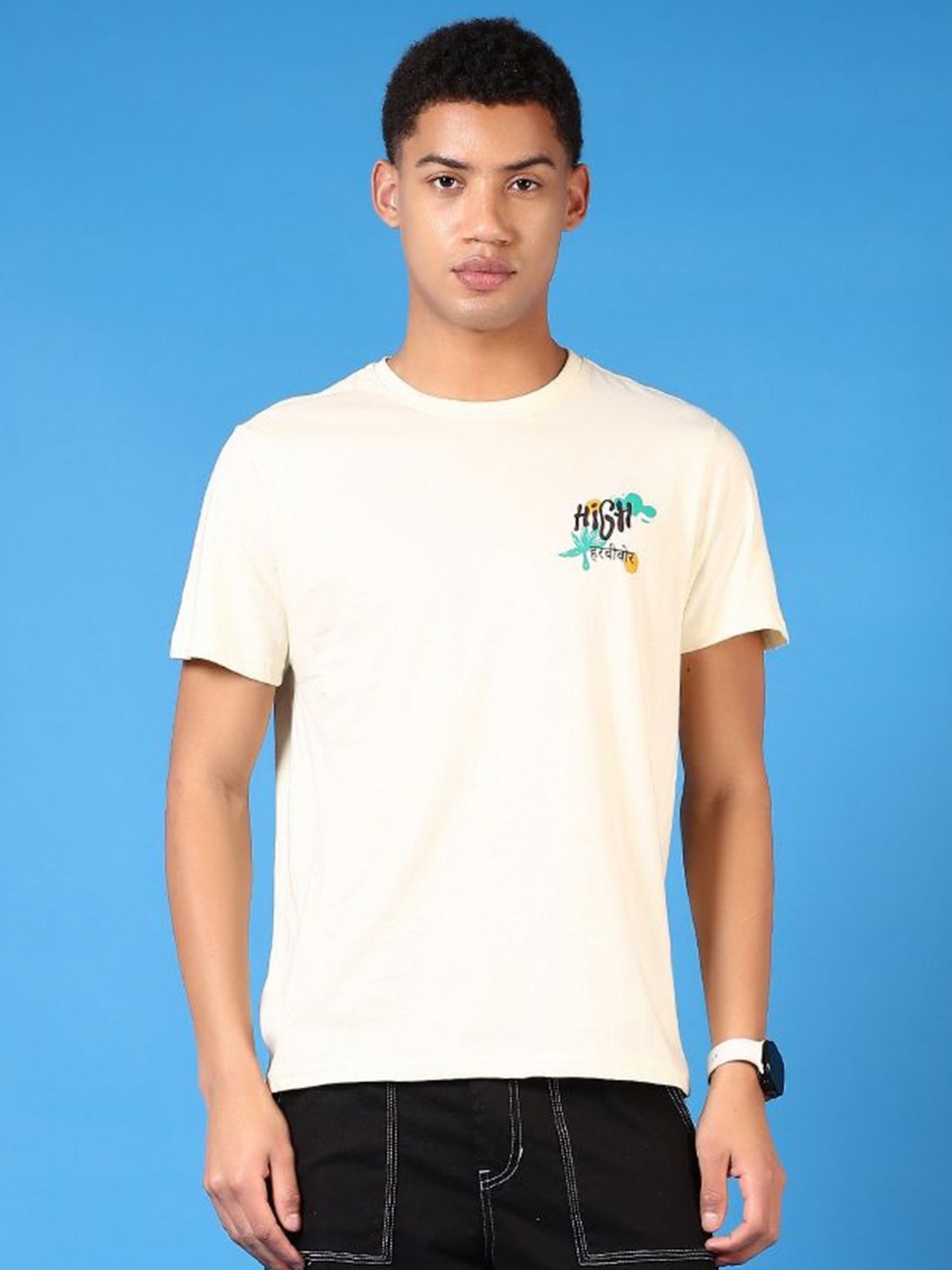 

V-Mart Men Graphic Printed Round Neck Cotton T-shirt, Off white