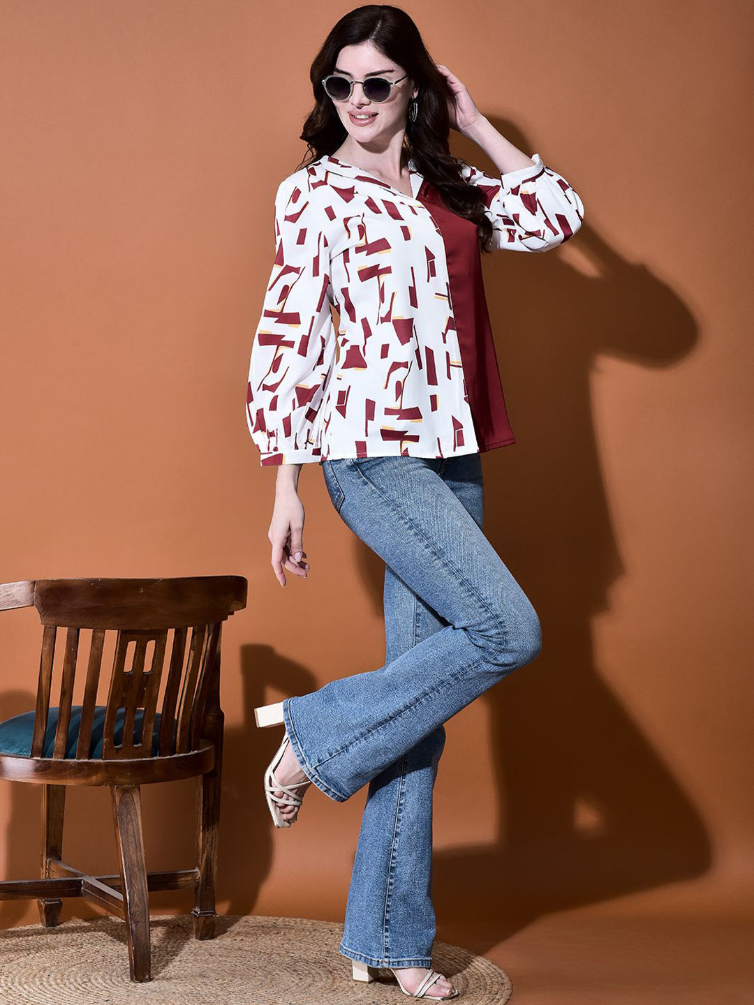 

FUTURO Women Geometric Printed Lapel Collar Satin Top, Red