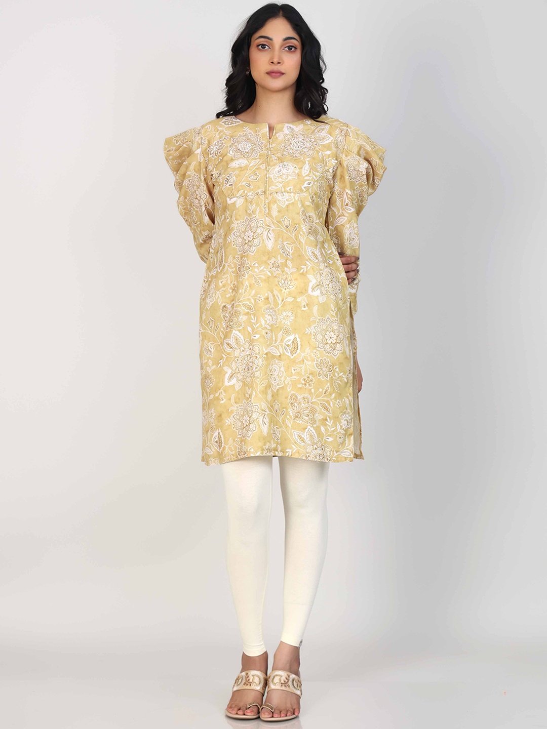 

Hassu's Floral Printed Notch Neck Linen Straight Kurti, Yellow