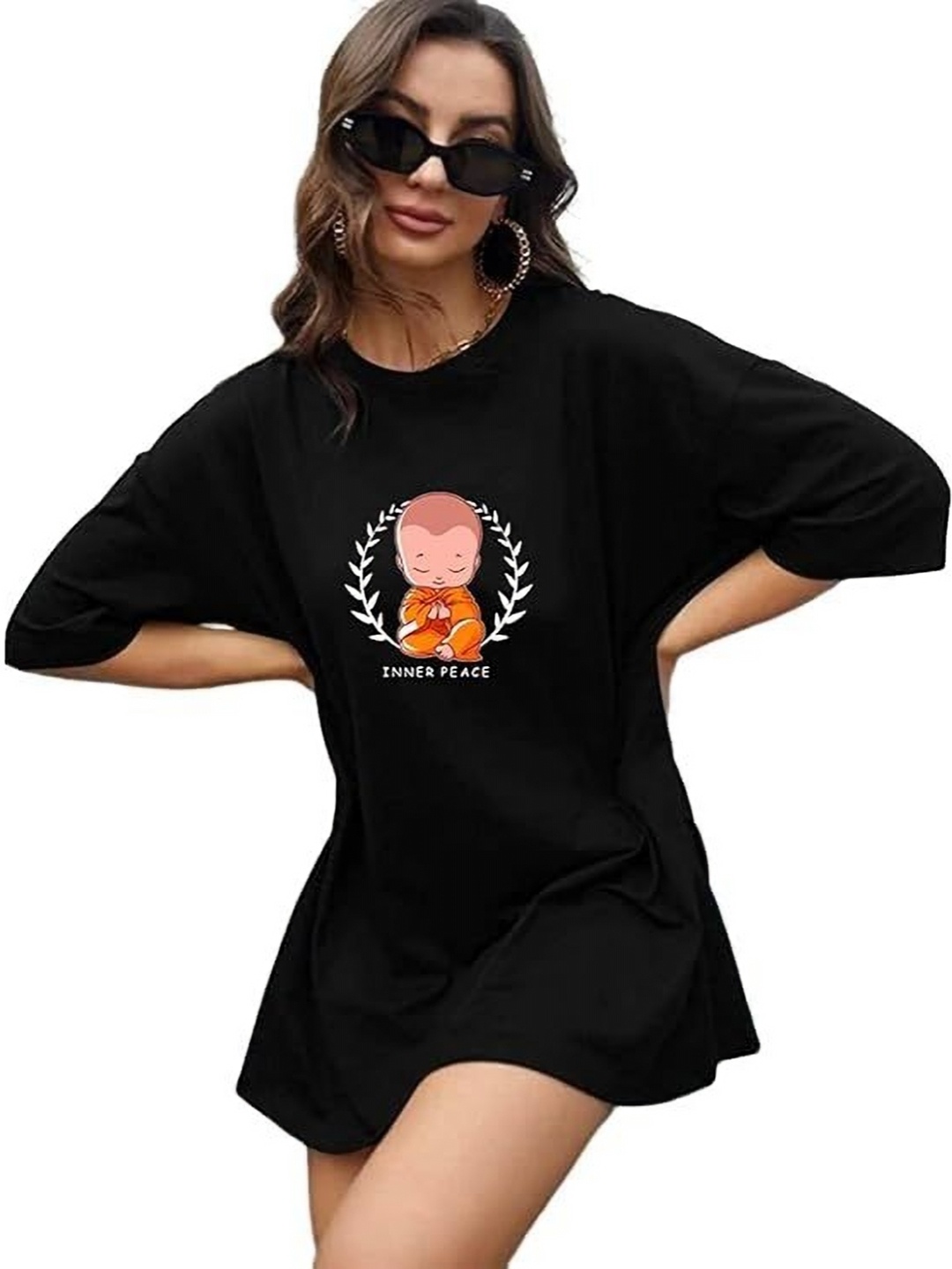 

TOGS & TERRE Women Graphic Printed Round Neck Cotton Oversized T-shirt, Black