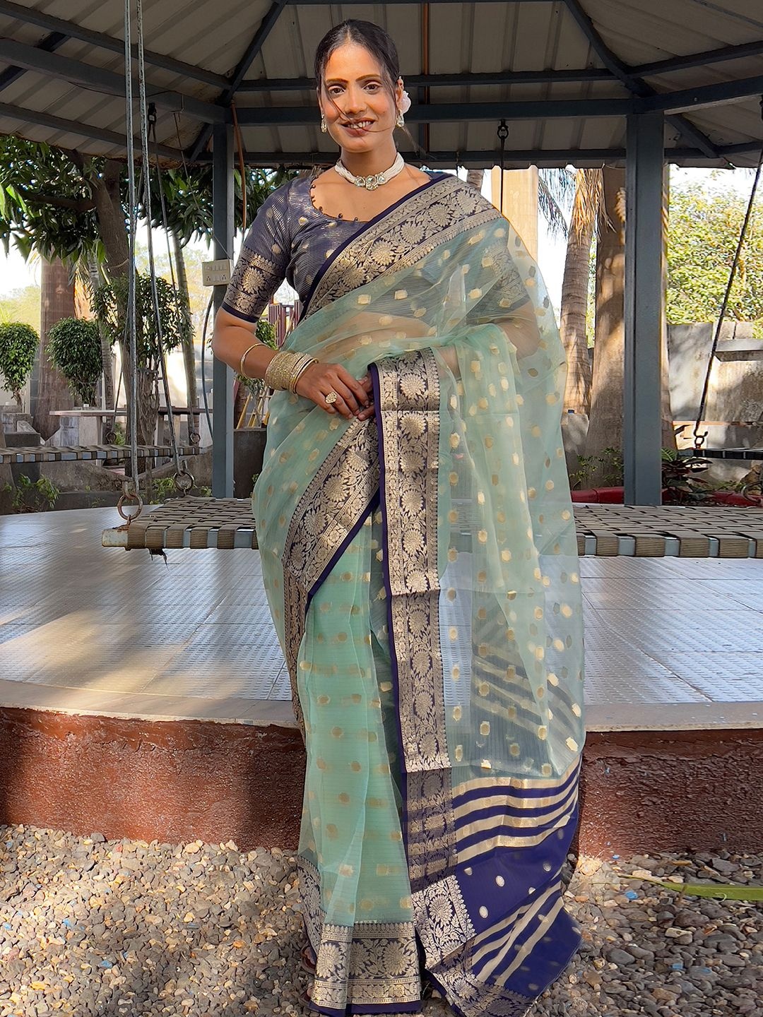

Mitera Women Woven Polka Design Organza Saree, Green