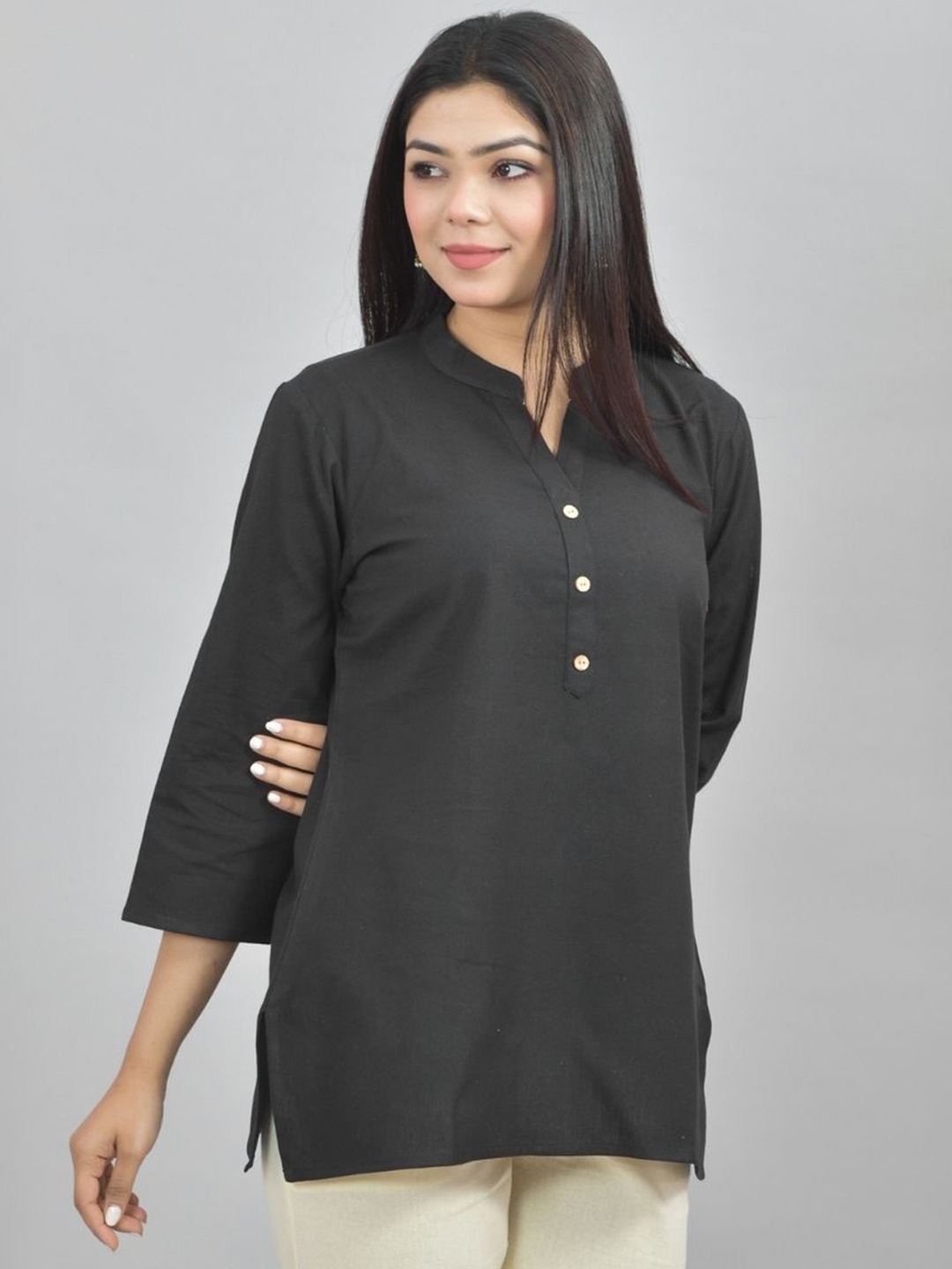 

ATARAH Women Mandarin Collar Pure Cotton Kurti, Black