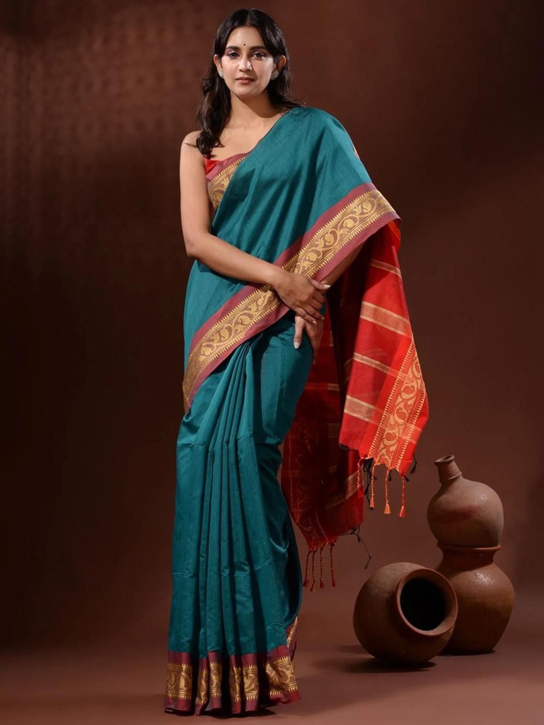 

SRILOK Pure Cotton Handloom Khadi Saree, Green