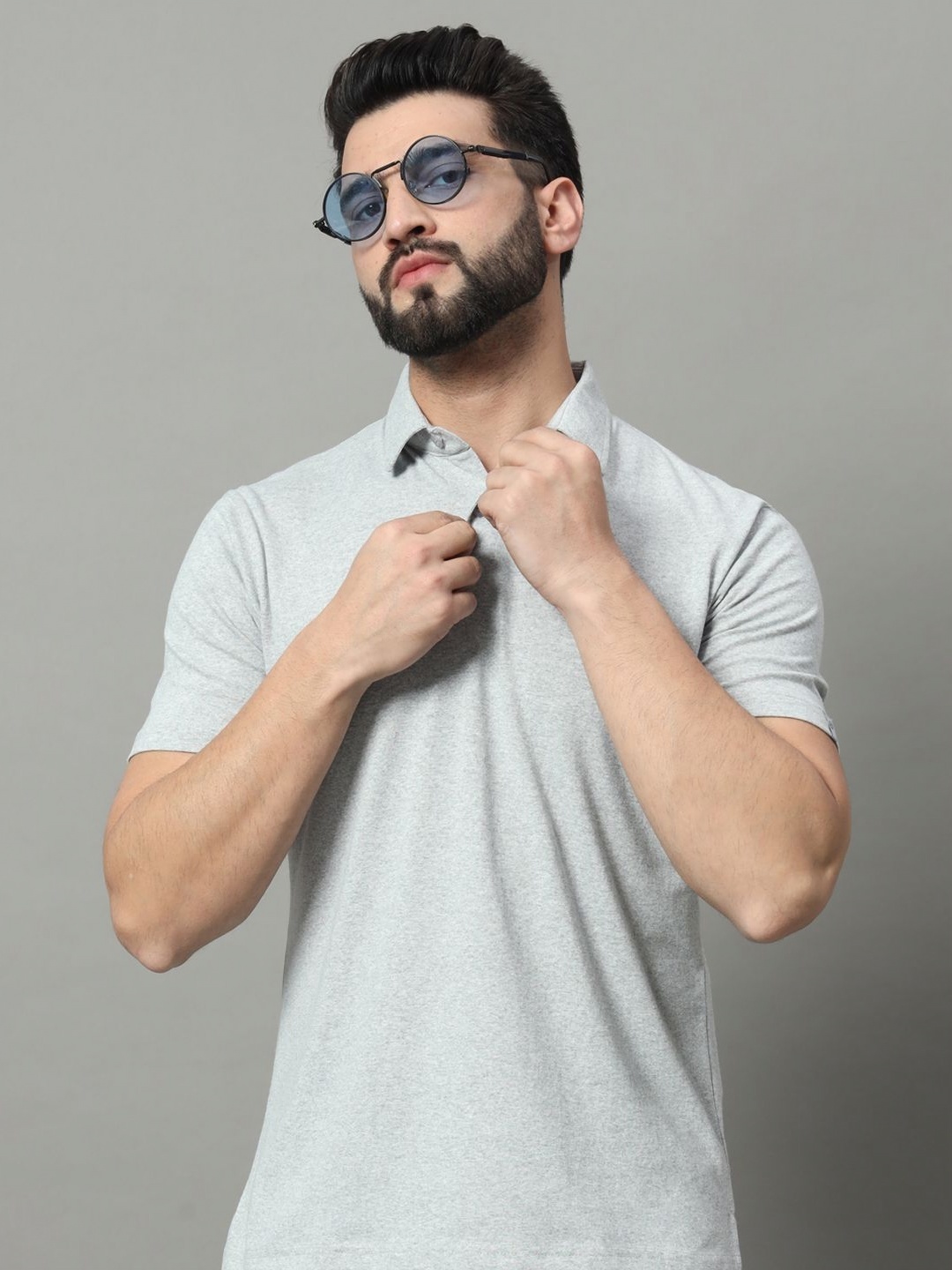 

RENUOVO Men Solid Polo Collar Cotton T-shirt, Grey melange