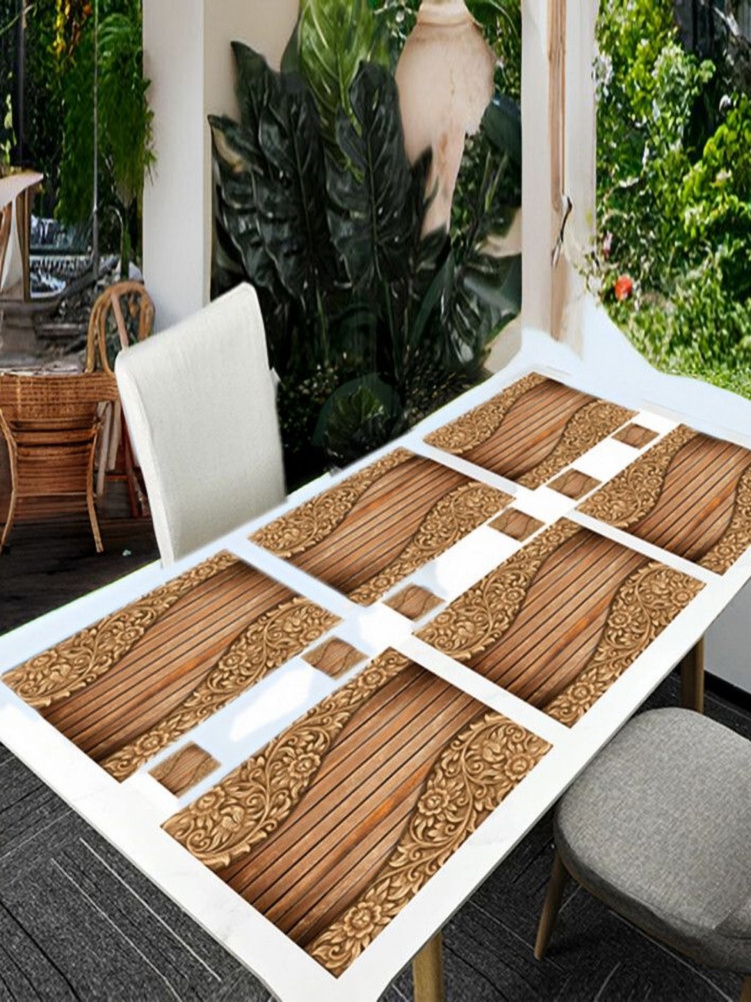 

REVEXO Brown 12 Pieces Floral Printed Rectangular Shaped Coasters & Table Placemats