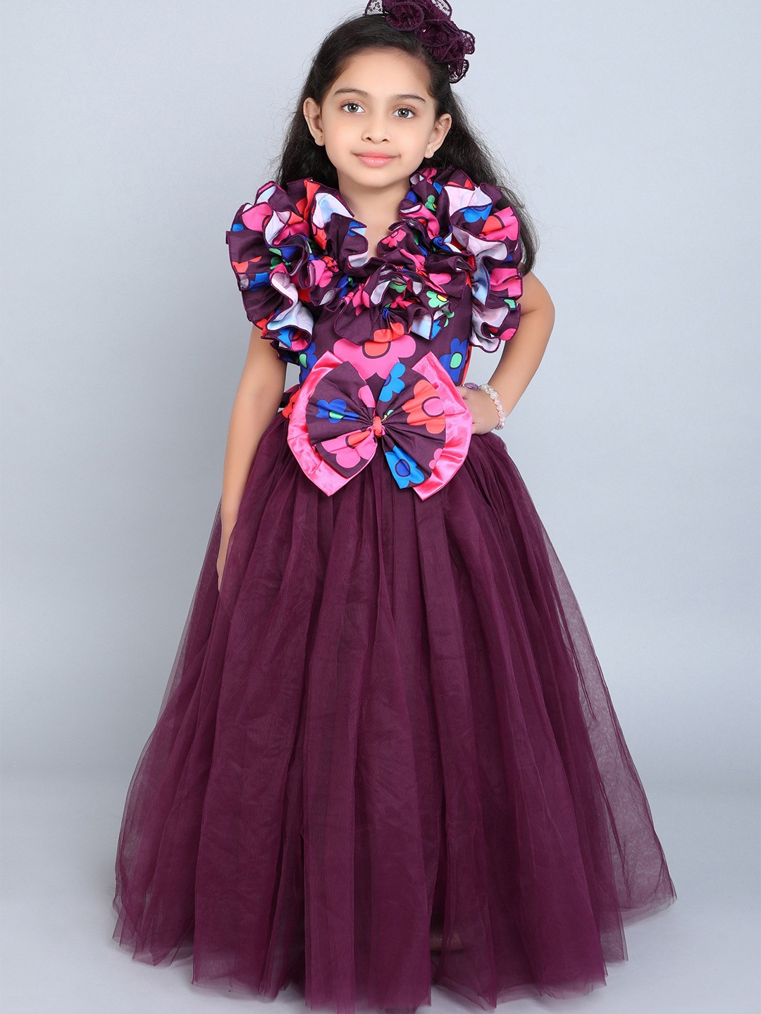

Pink Chick Girls Floral Printed Flutter Sleeve Ruffled Maxi Dress, Burgundy