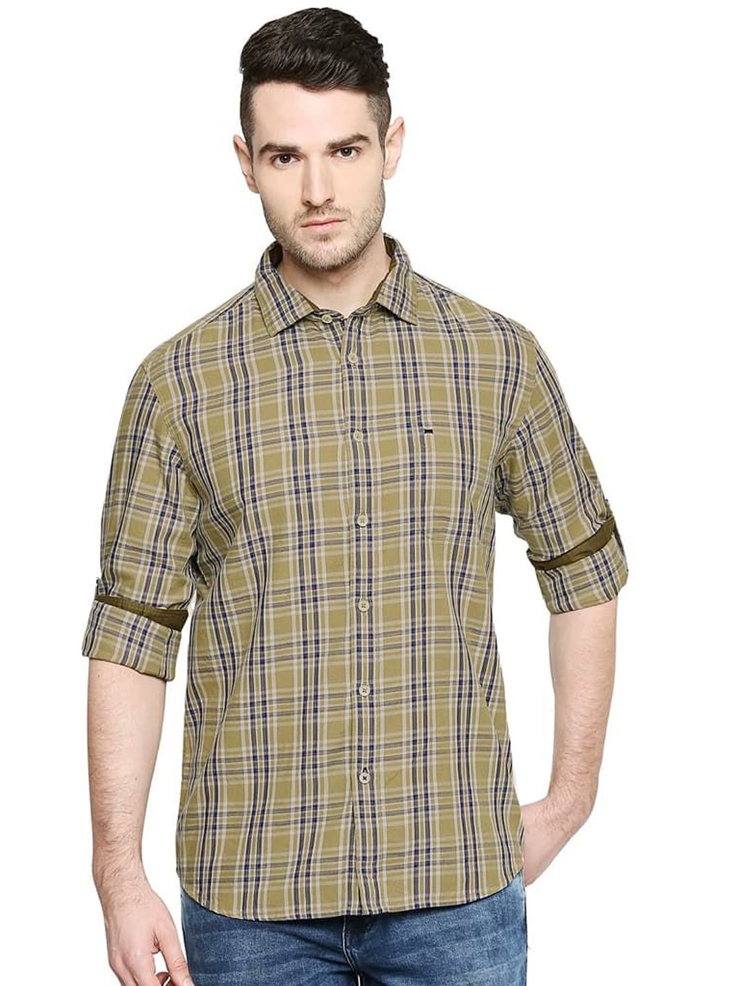 

Basics Men Relaxed Fit Spread Collar Tartan Checked Cotton Casual Shirt, Khaki