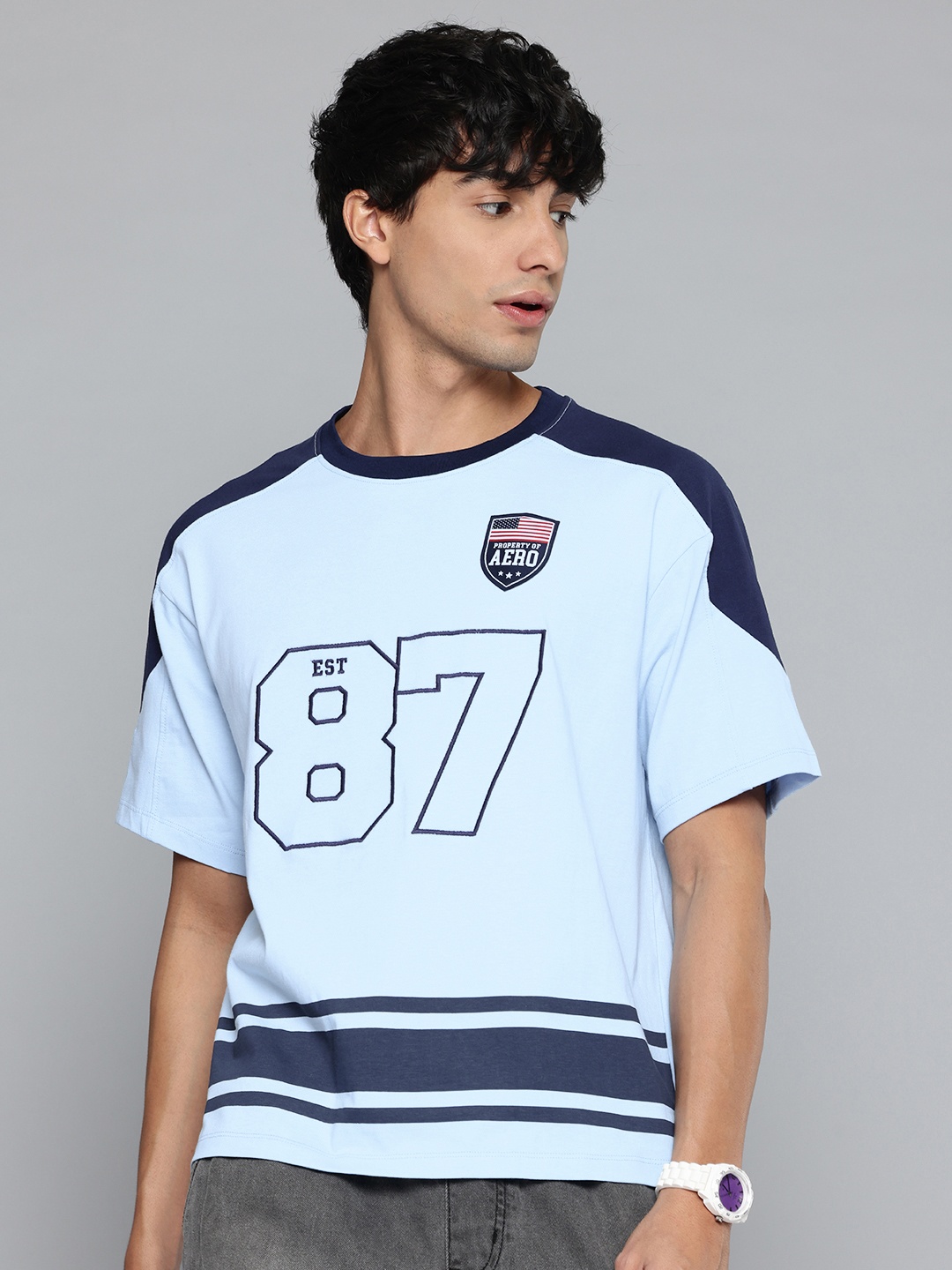 

Aeropostale Striped Embroidered Pure Cotton Relaxed T-shirt, Blue