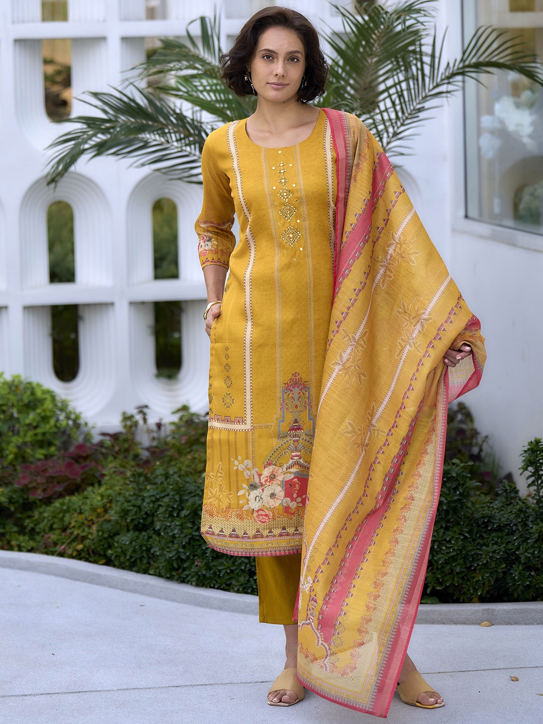 

SHREE LAXMINARAYAN EXPORT Floral Printed Sequinned Straight Kurta With Trouser & Dupatta, Mustard