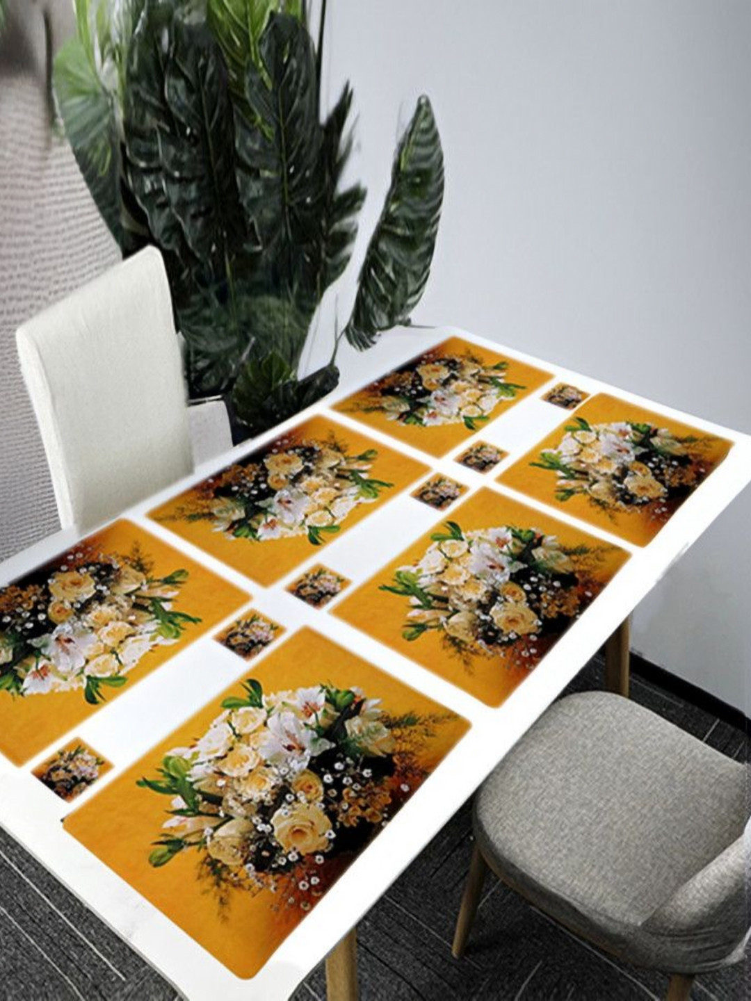 

REVEXO Yellow & White 12 Pieces Printed Table Placemats & Coasters
