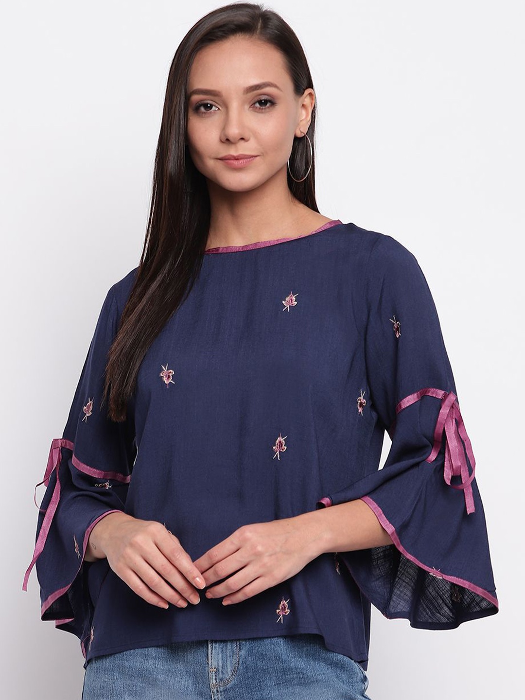 

DressBerry Women Floral Printed Round Neck Top, Navy blue