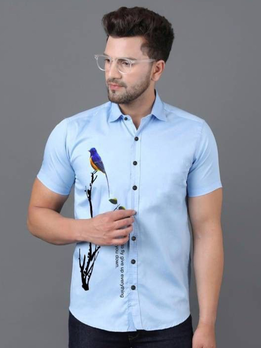 

iCome Men Spread Collar Graphic Printed Cotton Linen Casual Shirt, Blue