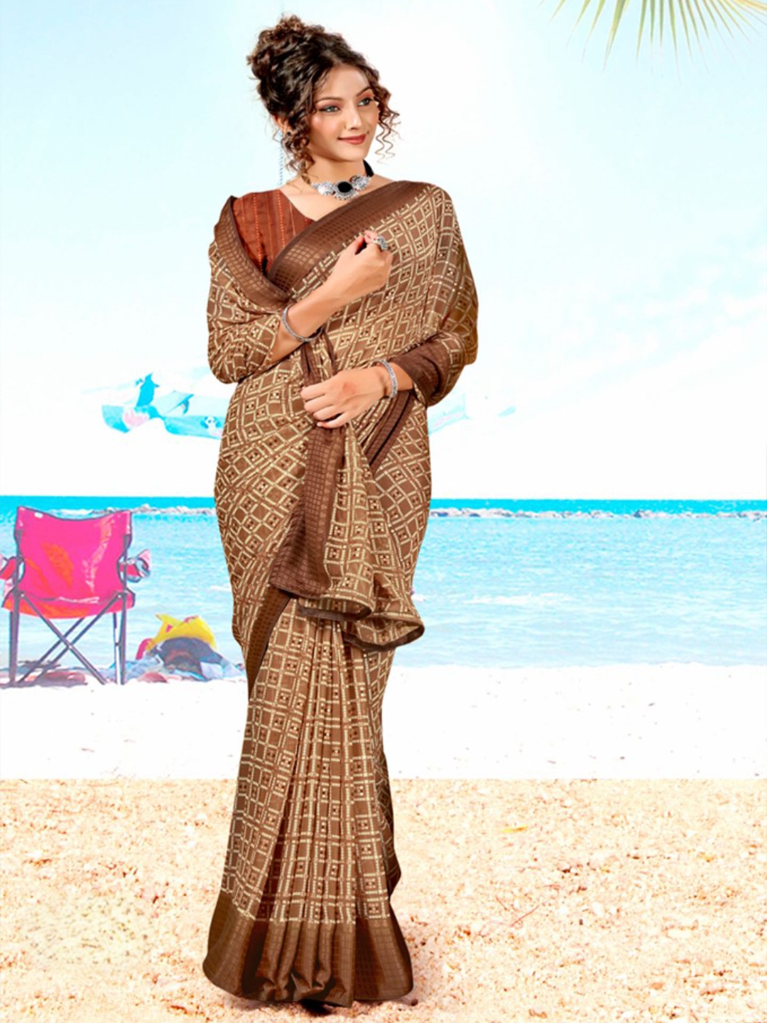 

SHOPPKEE Bandhani Sequinned Designer Maheshwari Saree, Brown