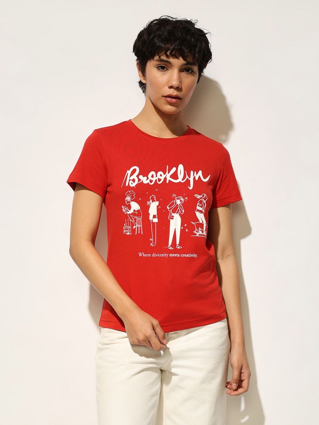 

ONLY Women Graphic Printed Round Neck Cotton T-shirt, Red