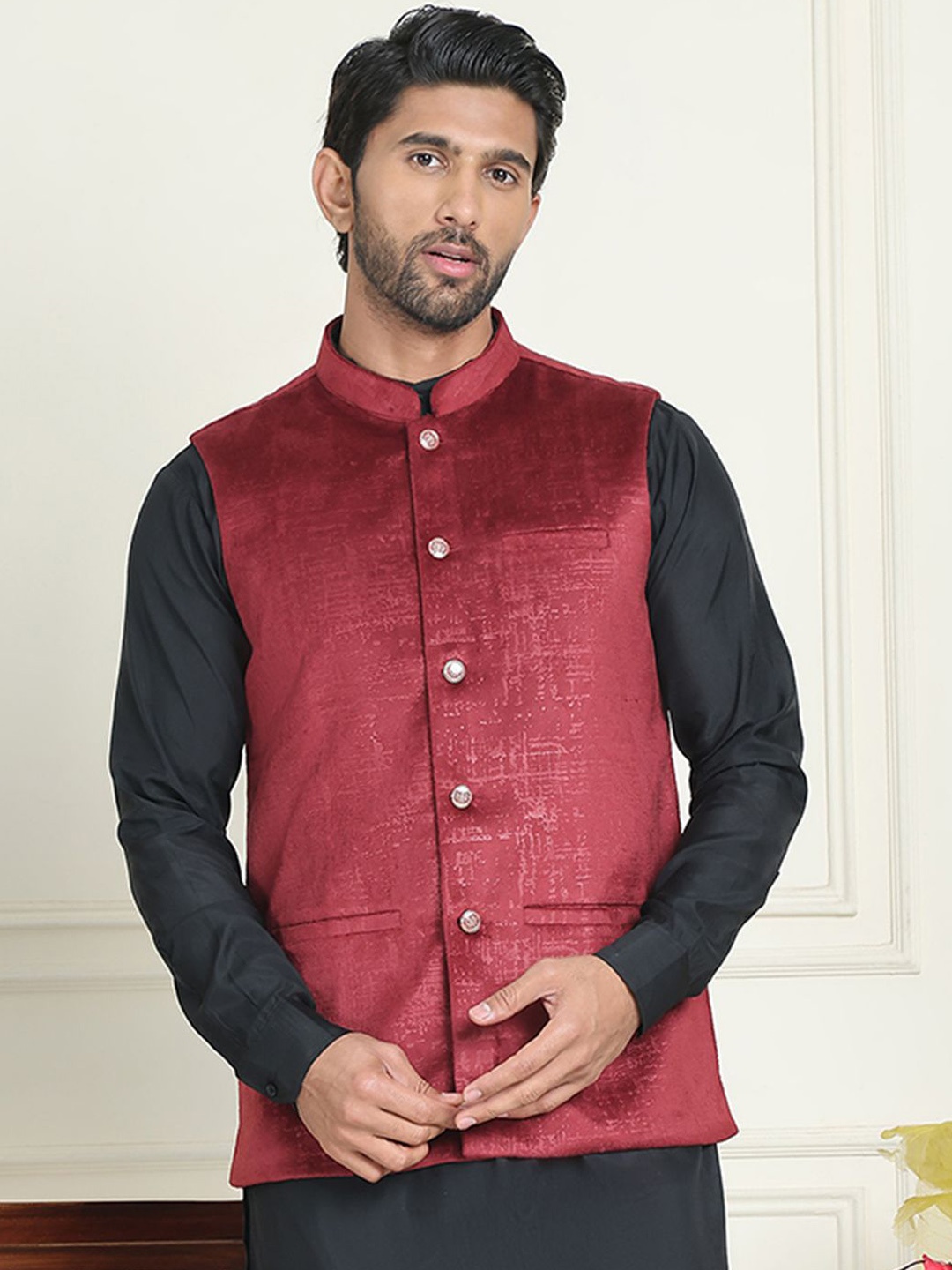 

Anouk Woven Mandarin Collar Neck Nehru Jacket, Maroon